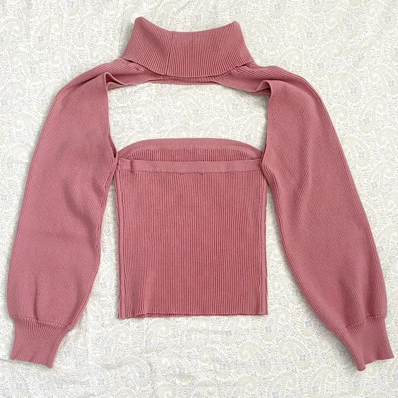 Meraki 2-piece ribbed sweater tube top, balloon sleeve cowl neck coord set - Picture 3 of 9